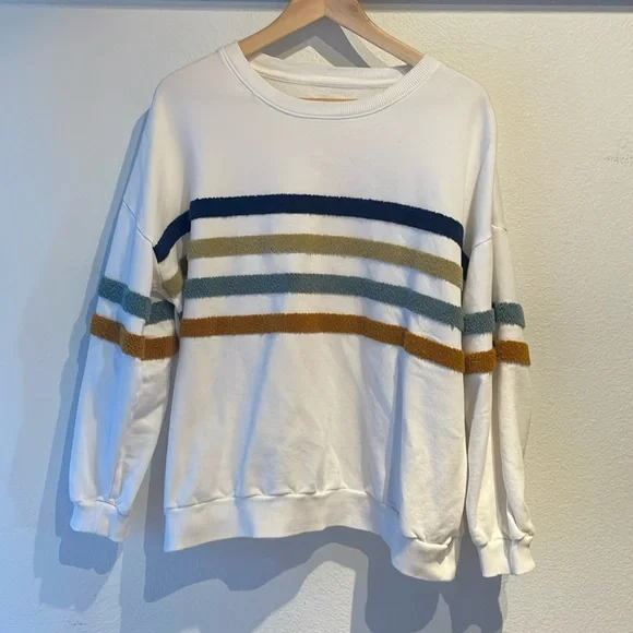 Lou & Grey Fuzzy Striped Terry Sweatshirt, White Size L - Picture 3 of 11